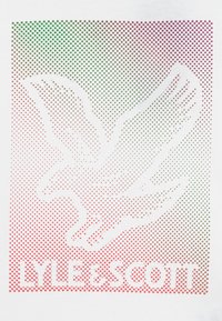 Eagle silhouette in mid-flight, created with multicolored dots, above the text "Lyle & Scott" in bold white letters.