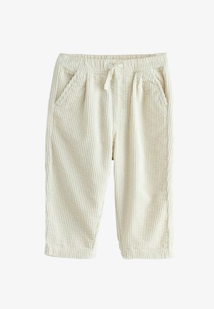 Lys beige corduroy shorts med elastisk talje, snorelukning og to sidelommer; har lodret ribbet tekstur.