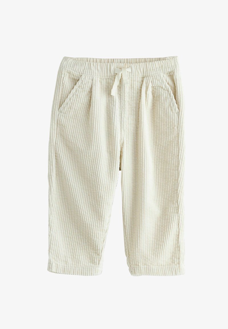 Shorts in corduroy beige chiaro con vita elastica, lacci da regolazione e due tasche laterali; presenta una texture a coste verticali.