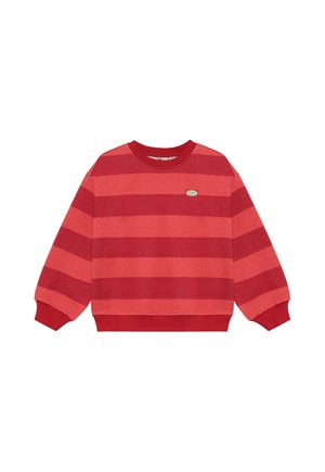 Rød og koral horisontalt stribet langærmet sweatshirt med ribkanter ved ærmer og kant samt et lille grønt logo på brystet.