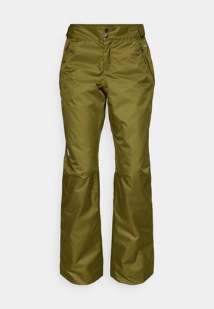 Õlivärvi veekindlad püksid, valmistatud läikivast nailonist, sirge lõikega, kahe külje tõmbluku taskuga ning nööpkinnitusega vööl.