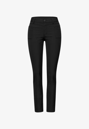 Black tailored pants with a slim fit, front pockets, and a button closure. Fabric appears smooth; features minimal stitching detail.