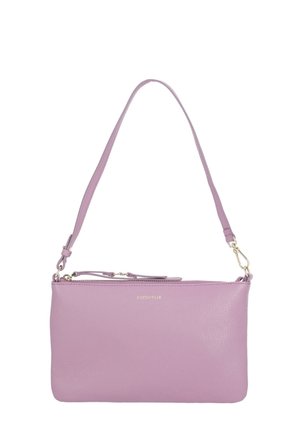 Borsa a tracolla in pelle lilla con cerniera dorata, tracolla regolabile e piccolo logo del marchio impresso al centro davanti.