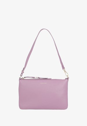 Borsa a tracolla in pelle lilla con cerniera dorata, tracolla regolabile e piccolo logo del marchio impresso al centro davanti.