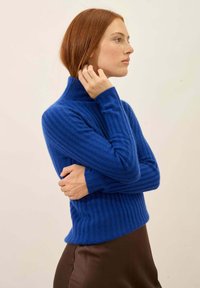 Blå ribbad polotröja i mjukt tyg, med l ånga ärmar och en figurnära silhuett, matchad med en brun kjol.