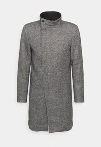 Grau melierter Wollmischmantel mit hohem Kragen, langen Ärmeln und seitlichem Schlitzdesign; verfügt über einen strukturierten Stoff mit dezentem Fischgrätmuster.