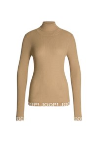 Beige gerippter Rollkragenpullover mit langen Ärmeln, der einen weißen Markenband am Saum hat. Hergestellt aus weichem Strickmaterial.