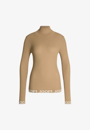 Brązowy sweter z golfem z długimi rękawami, z białą logo na dolnym wykończeniu. Wykonany z miękkiego materiału dzianinowego.