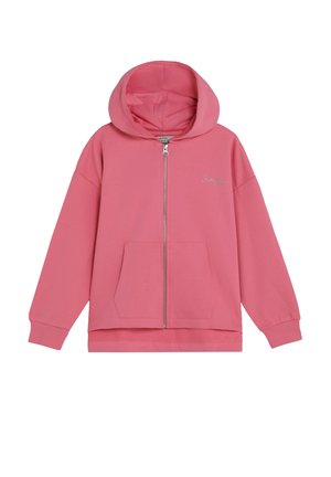Sudadera con capucha rosa con cremallera, bolsillo canguro, mangas largas, puños acanalados y capucha, con texto pequeño en cursiva en el pecho.