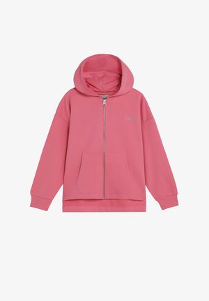 Sudadera con capucha rosa con cremallera, bolsillo canguro, mangas largas, puños acanalados y capucha, con texto pequeño en cursiva en el pecho.