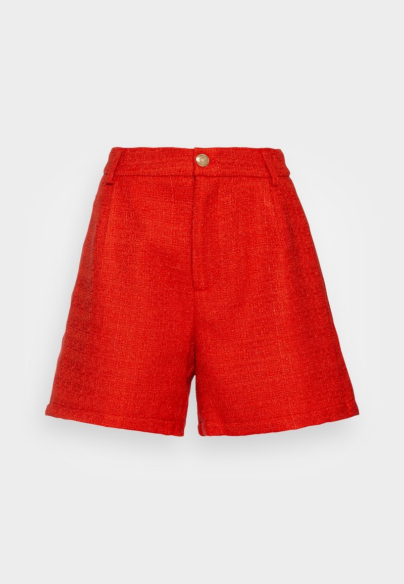 Rode textuur korte broek met een op maat gemaakte uitstraling, voorzien van een sluiting met een knoop aan de voorkant en zijzakken. Middellange lengte tot aan de bovenbenen met een nette afwerking.