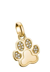 Goldfarbener Pfotenabdruckanhänger mit klaren, funkelnden Kristallen in den Pfotenpolstern. Glatte Oberfläche mit polierter Verarbeitung und einer Schlaufe zur Befestigung.