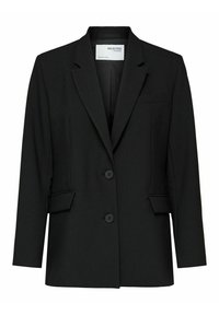 Černý blazer vyrobený z hladkého materiálu, s klopovým límcem, dvěma knoflíky, předními kapsami a jednou kapsou na prsou.
