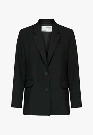 Černý blazer vyrobený z hladkého materiálu, s klopovým límcem, dvěma knoflíky, předními kapsami a jednou kapsou na prsou.