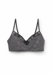 Tmavě šedý sametový bralet s nastavitelnými tenkými ramínky a krajkovým okrajem podél horního okraje a středního předního dílu.