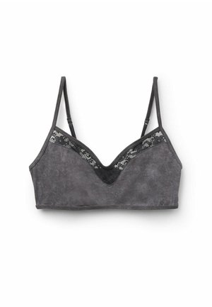 Tmavě šedý sametový bralet s nastavitelnými tenkými ramínky a krajkovým okrajem podél horního okraje a středního předního dílu.
