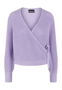 Liliowy sweter z dzianiny w formie okrycia, z long-sleeve, żebrowanym dołem i wiązaniem w talii. Miękka tekstura oraz dekolt w kształcie litery V.