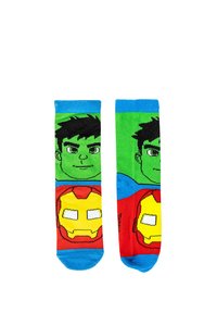 Calze di cotone con grafiche di Hulk e Iron Man. Colori vivaci come verde, blu e rosso con design e motivi distintivi dei personaggi.