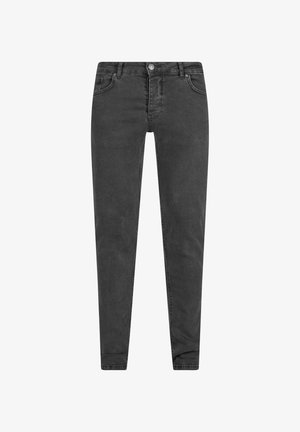 Črne ozke kavbojke iz denima s klasičnim pet-pocket oblikovanjem. Imajo kovinsko zaponko in subtilno pobledelo teksturo.