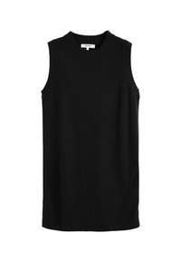 Schwarzes ärmelloses Stricktop aus weichem Material, mit rundem Halsausschnitt und Rippdetails an den Armausschnitten und dem unteren Saum.