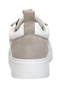 Back view of a sneaker featuring a white leather upper with a gray suede heel and pull tab, white rubber sole with textured grip.
