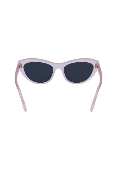 Cat-eye sunglasses with a translucent light pink frame and dark tinted lenses. Slim, curved arms with a slight shine.