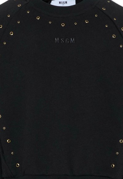 Czarny sweter z elementami w kolorze złotym na rękawach oraz wytłoczonym logo "MSGM". Miękka tkanina z klasycznym okrągłym dekoltem i luźnym krojem.