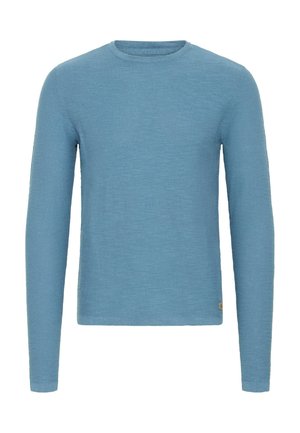 Cămașă bleu deschis cu mânecă lungă, confecționată dintr-un material texturat, cu guler rotund și o etichetă mică a mărcii în partea de jos.