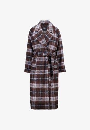 Brauner karierter Wollmischungsmantel mit doppelreihigem Design, gebundenem Taillengürtel und großen Revers. Enthält Fronttaschen.