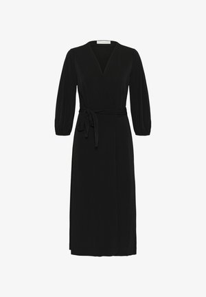 Schwarzes Wickelkleid mit langen Ärmeln, V-Ausschnitt, Bindegürtel in der Taille und knielangem Saum. Hergestellt aus weichem, fließendem Stoff.