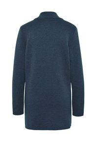 Cardigan long en tricot bleu marine avec col, présentant un motif texturé, des manches longues et une coupe droite s'étendant jusqu'à mi-cuisse.