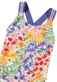 Zwemstuk met bloemenpatroon en een verscheidenheid aan kleurrijke bloemen. Voorzien van dikke paarse banden met een glanzende accent. Gemaakt van gladde, rekbare stof.