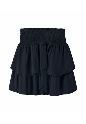 Minigonna nera a strati con elastico arricciato in vita e pannelli di tessuto sovrapposti con volant.