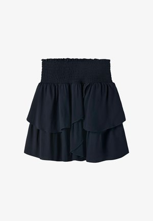 Musta kerroksellinen minihame, jossa on kirjailtu joustava vyötärönauha ja liehuvat päällekkäiset kangaspanelit.