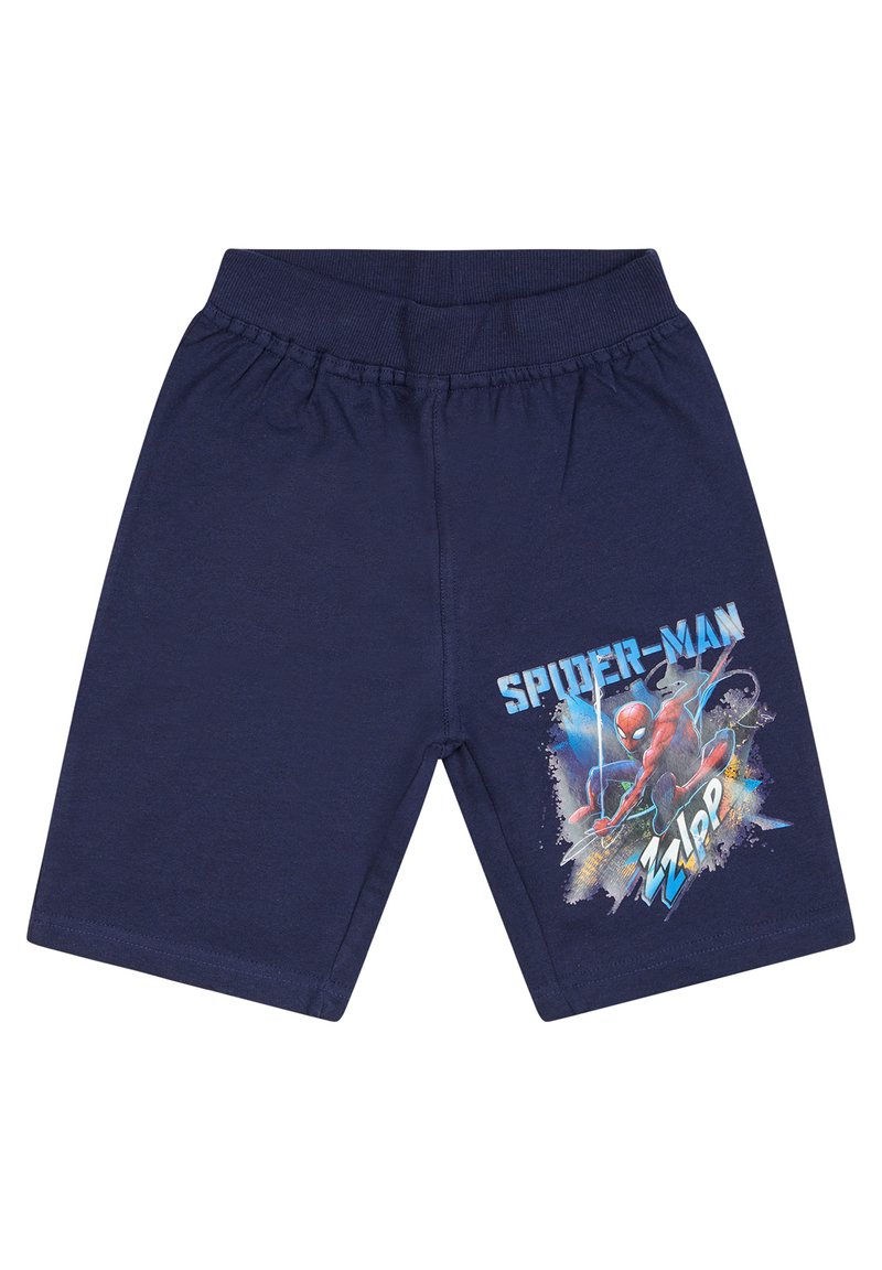 Pantaloni corti blu navy in cotone morbido, con una grafica illustrata di Spider-Man dai colori vivaci e testo sulla gamba sinistra. Vita elastica.
