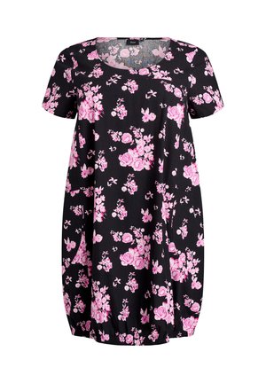Schwarzes Blumenkleid mit pinkfarbenen Rosen, kurzen Ärmeln und lockerem Schnitt. Elastischer Saum sorgt für Textur; runder Ausschnitt unterstreicht das Design.