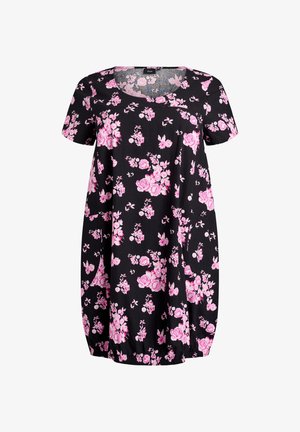 Schwarzes Blumenkleid mit pinkfarbenen Rosen, kurzen Ärmeln und lockerem Schnitt. Elastischer Saum sorgt für Textur; runder Ausschnitt unterstreicht das Design.
