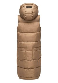 Gilet sans manches et rembourré en beige, doté d'une capuche, d'un design matelassé et de deux poches avant. Le matériau semble lisse avec une légère brillance.