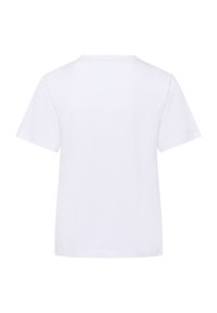 T-shirt blanc à manches courtes, vu de dos sur un fond blanc, avec un col rond et un ourlet droit.