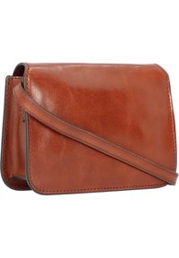 Braune Leder-Umhängetasche mit glatter Oberfläche, rechteckiger Form und kontrastierenden Nähdetails. Verstellbarer Trageriemen inklusive.