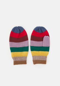 Luvinhas tricotadas com um padrão riscado multicolorido em vermelho, azul, castanho, roxo, verde, amarelo e bege; topos arredondados e punhos canelados.