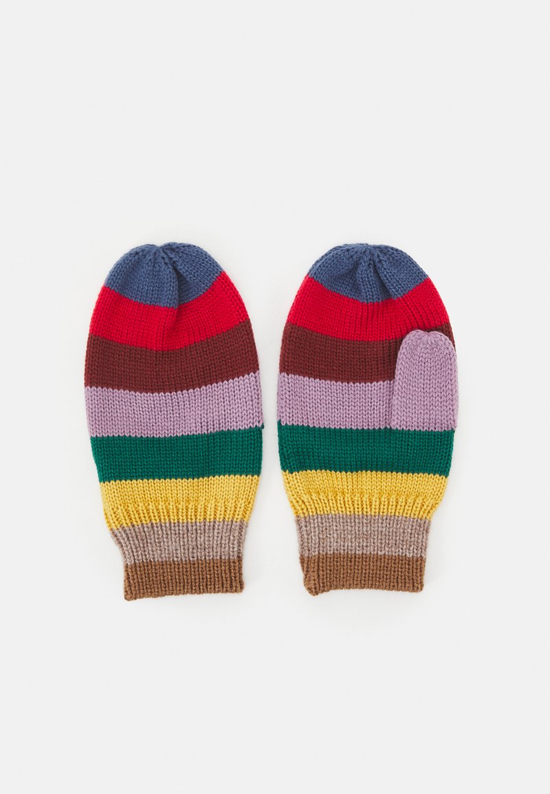 Luvinhas tricotadas com um padrão riscado multicolorido em vermelho, azul, castanho, roxo, verde, amarelo e bege; topos arredondados e punhos canelados.