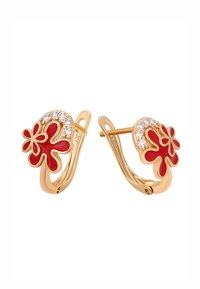Orecchini a forma di fiore in tonalità oro con petali in smalto rosso e accenti di strass trasparenti. Dotati di una chiusura ad uncino curva.