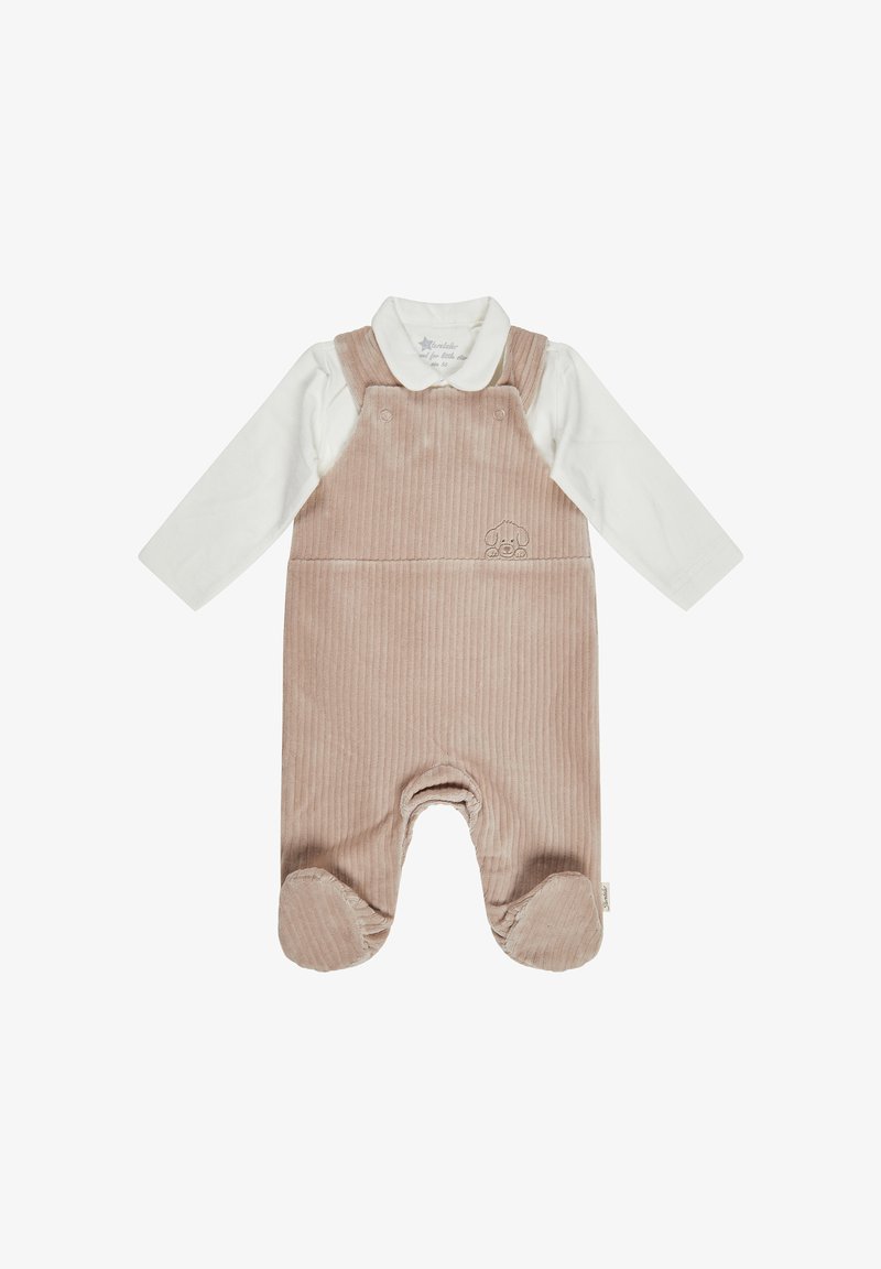 Rosa Corduroy-Latzhose mit einem weißen Langarmshirt darunter, das ein Hundenmotiv zeigt, und elastischen Fußöffnungen für zusätzlichen Komfort.