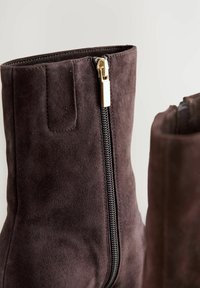 Botas de tobillo de ante marrón con cremallera lateral y detalles en dorado, presentan una textura suave, diseñadas con una silueta simple y elegante.