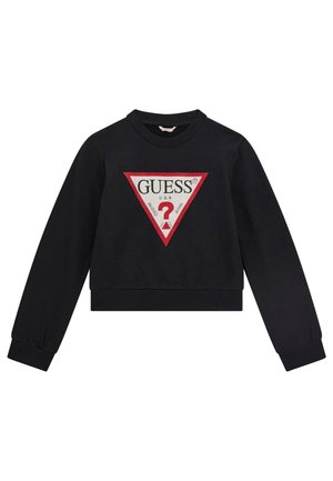 Sweatshirt noir court en mélange de coton, avec un logo triangulaire rouge et blanc portant le mot "GUESS" et un point d'interrogation au centre.