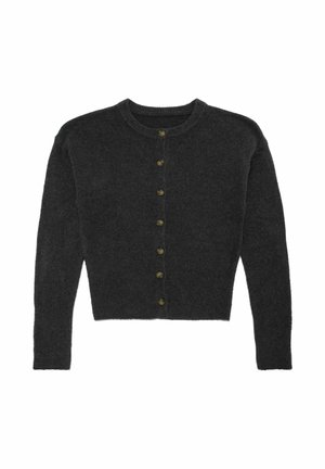 Dunkelgrauer Strickcardigan mit rundem Ausschnitt, langen Ärmeln und cropped Stil. Mit dunklen goldenen Knöpfen entlang der Vorderseite. Weiche Textur.