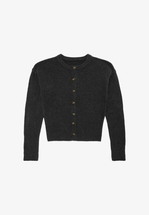 Dunkelgrauer Strickcardigan mit rundem Ausschnitt, langen Ärmeln und cropped Stil. Mit dunklen goldenen Knöpfen entlang der Vorderseite. Weiche Textur.