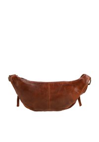 Brown leather crossbody bag with a curved shape, featuring side straps and a smooth texture, stitched detailing along the seams.