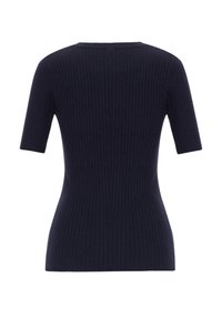 Haut côtelé bleu marine à manches courtes avec une taille ajustée et un col rond, vu de dos.